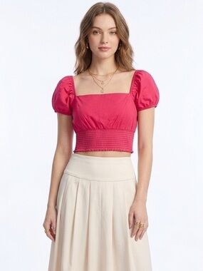 Pink Puff-Sleeve Short Sleeve Smocked Crop Top Size Large